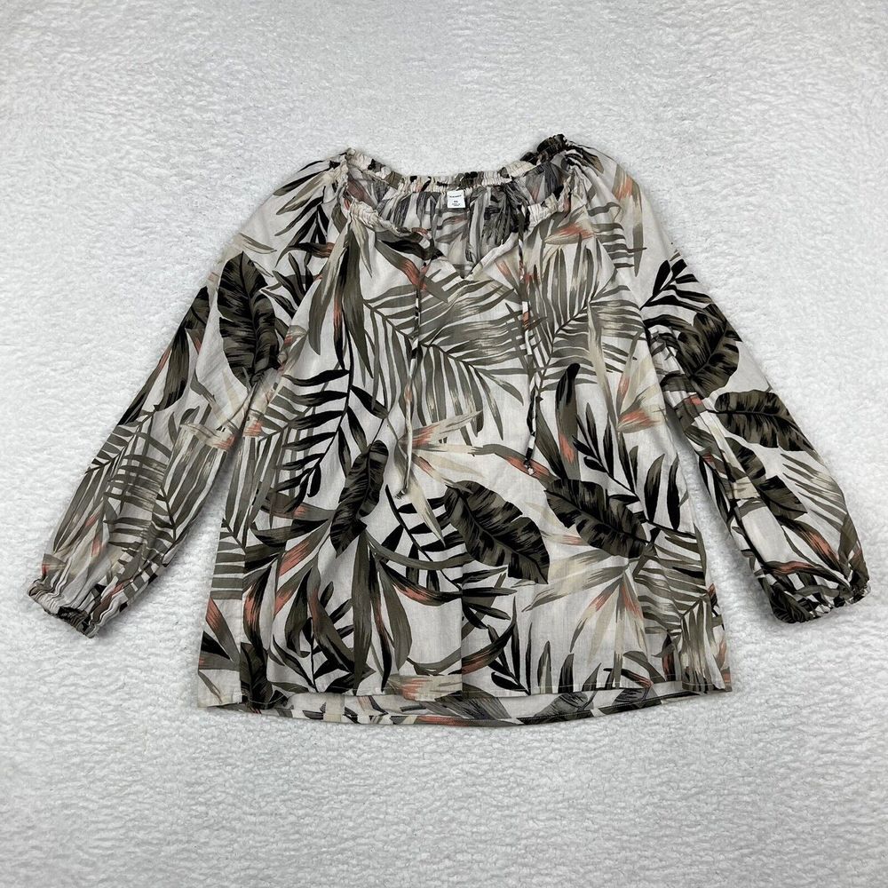 Old Navy Shirt Womens XS Ivory Floral Long Sleeve Blouse Keyhole Tie Neck